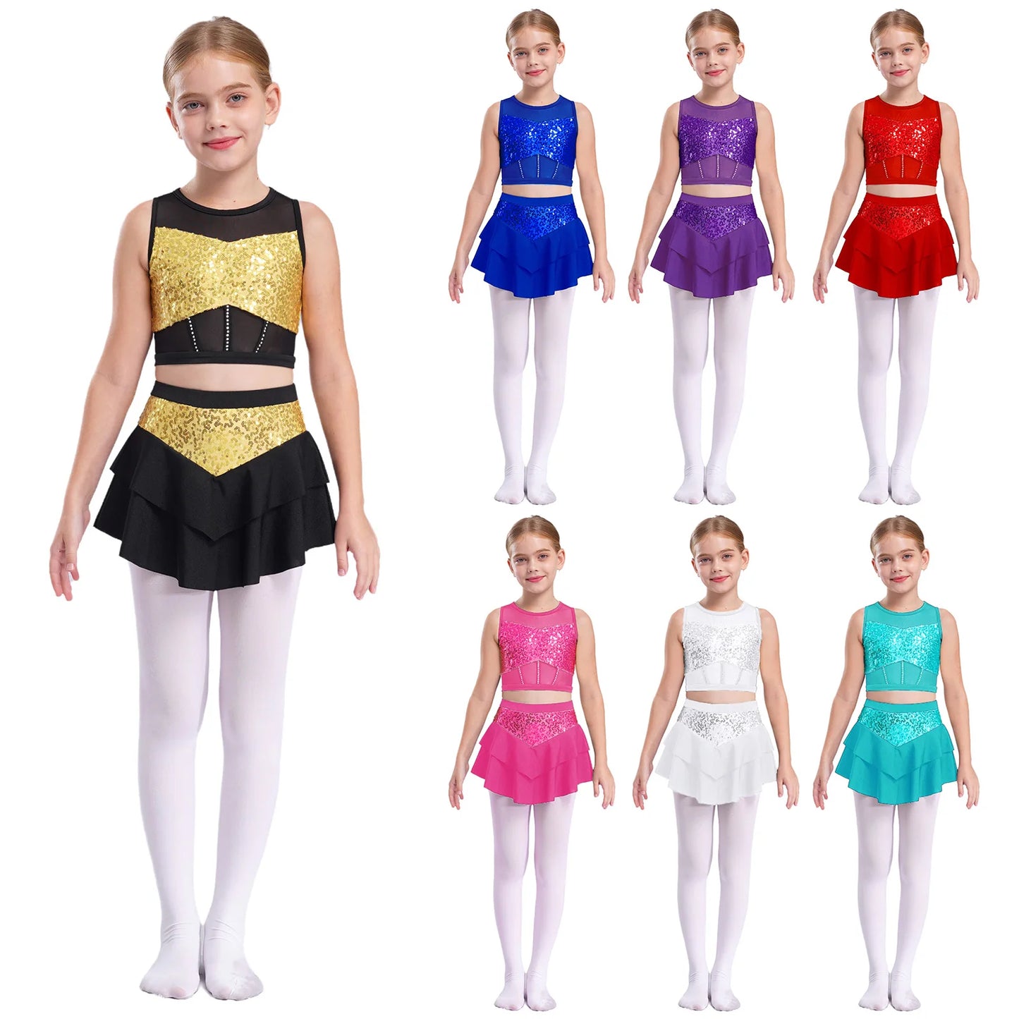 Girls Sequin Sheer Mesh Crop Top & Tiered Skirt Set (Age 6-16YRS)