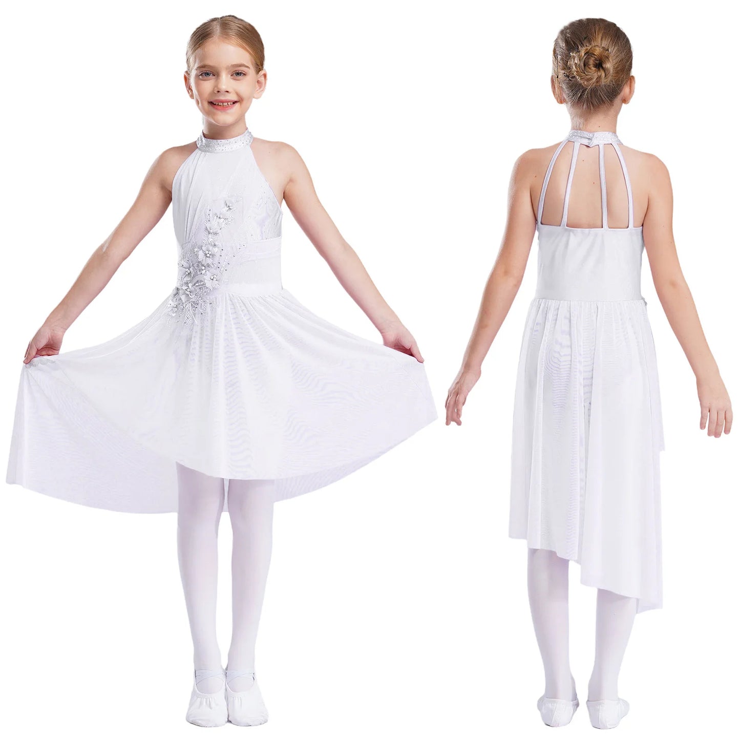 Girls Dance Sleeveless Rhinestones Applique Dress (Age 6-14 YRS) Ivory