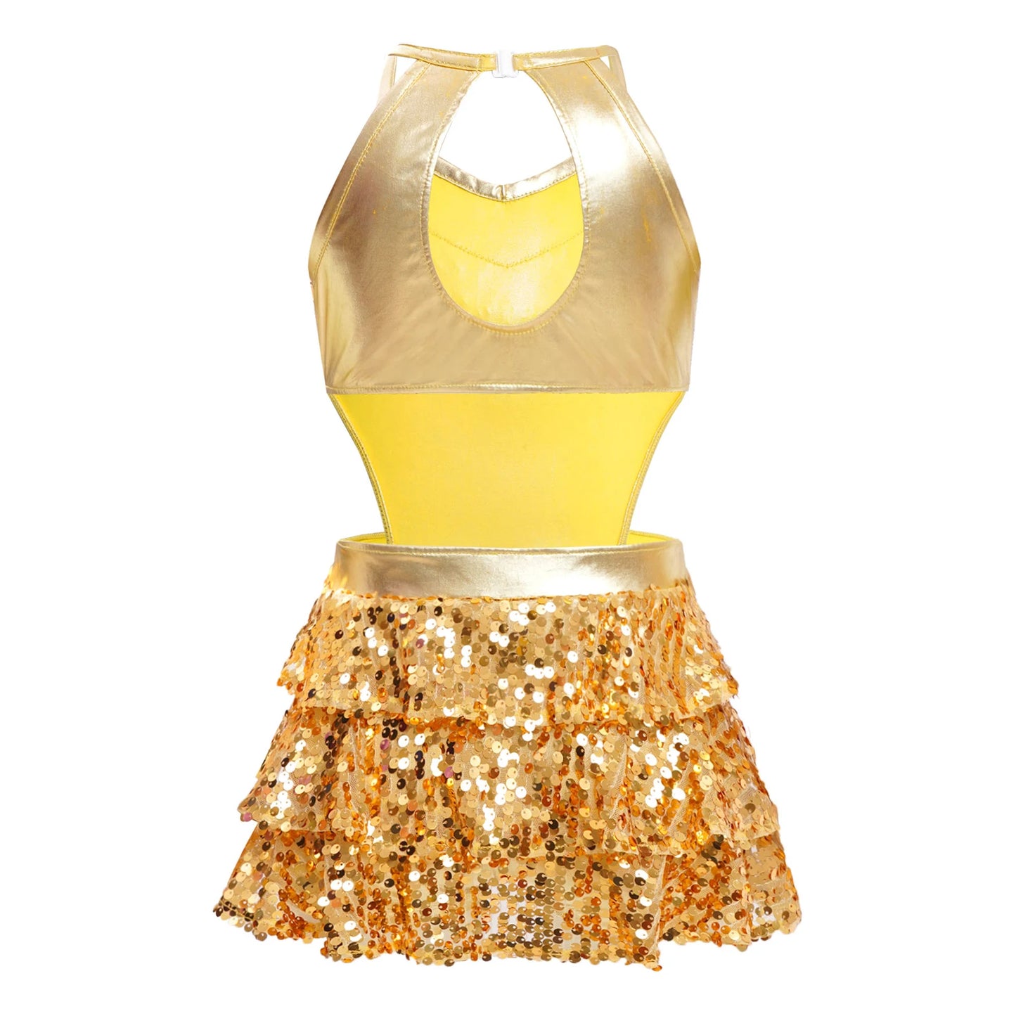 Girls Sequin Dance Sleeveless Cutout Tiered Ruffle Metallic Leotard Dress (Age 6-16 YRS)