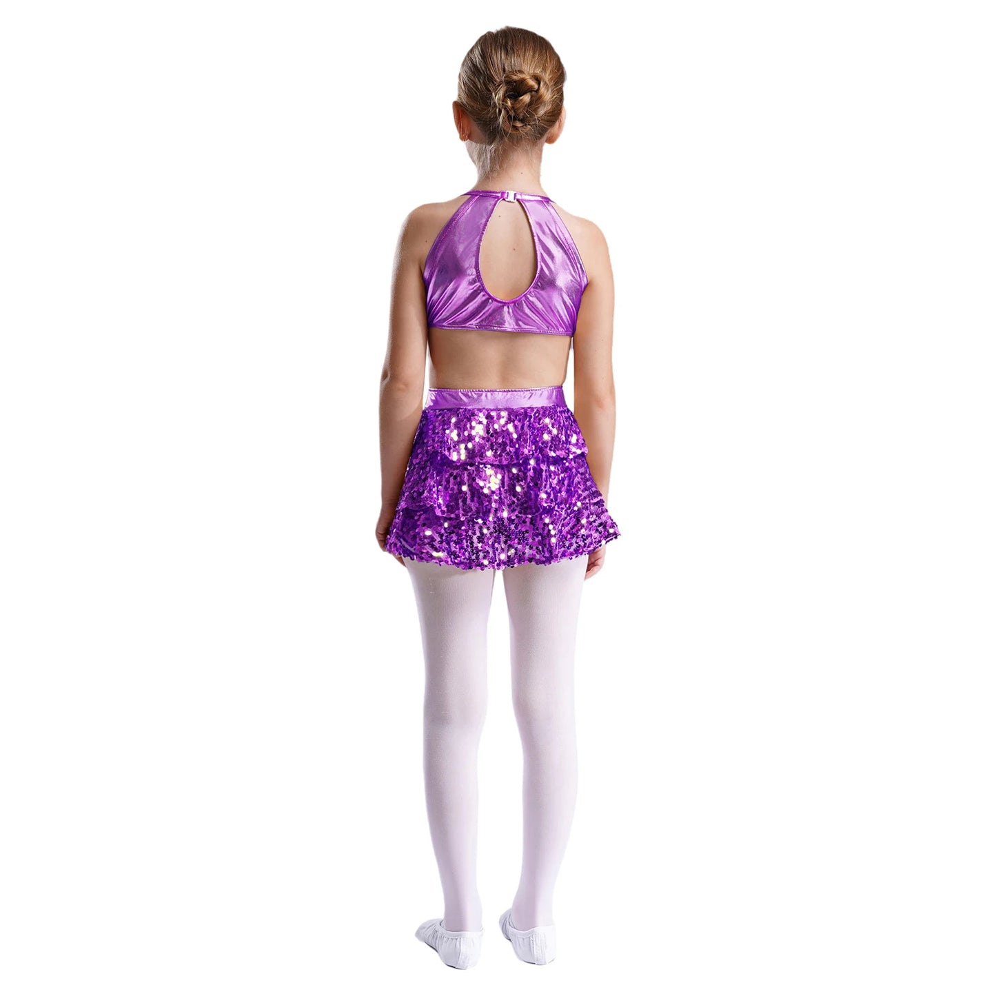 Girls Sequin Dance Sleeveless Cutout Tiered Ruffle Metallic Leotard Dress (Age 6-16 YRS)