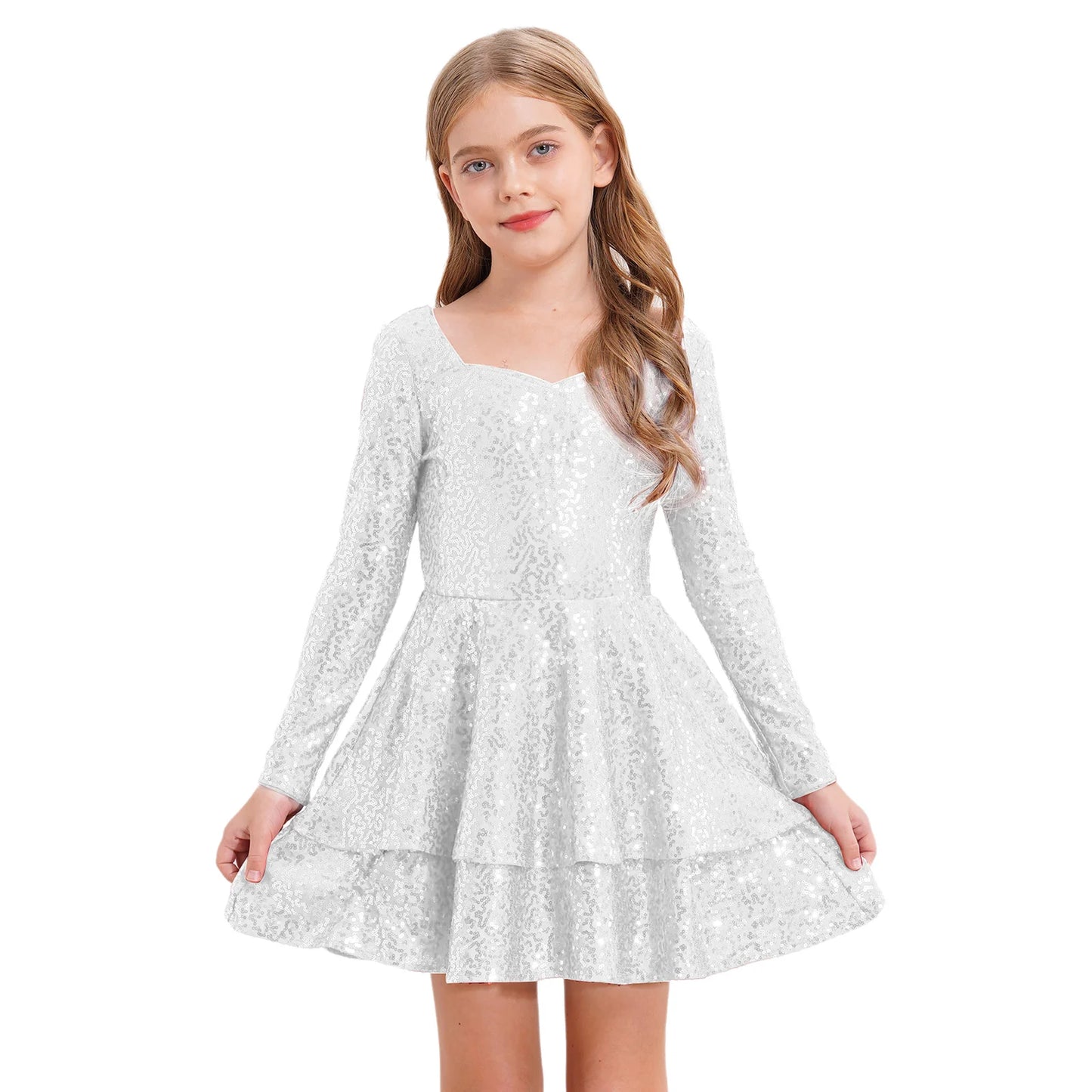 Girls Sequin Long Sleeve Double Layer Hemline Dress (Age 6-14 YRS) Silver