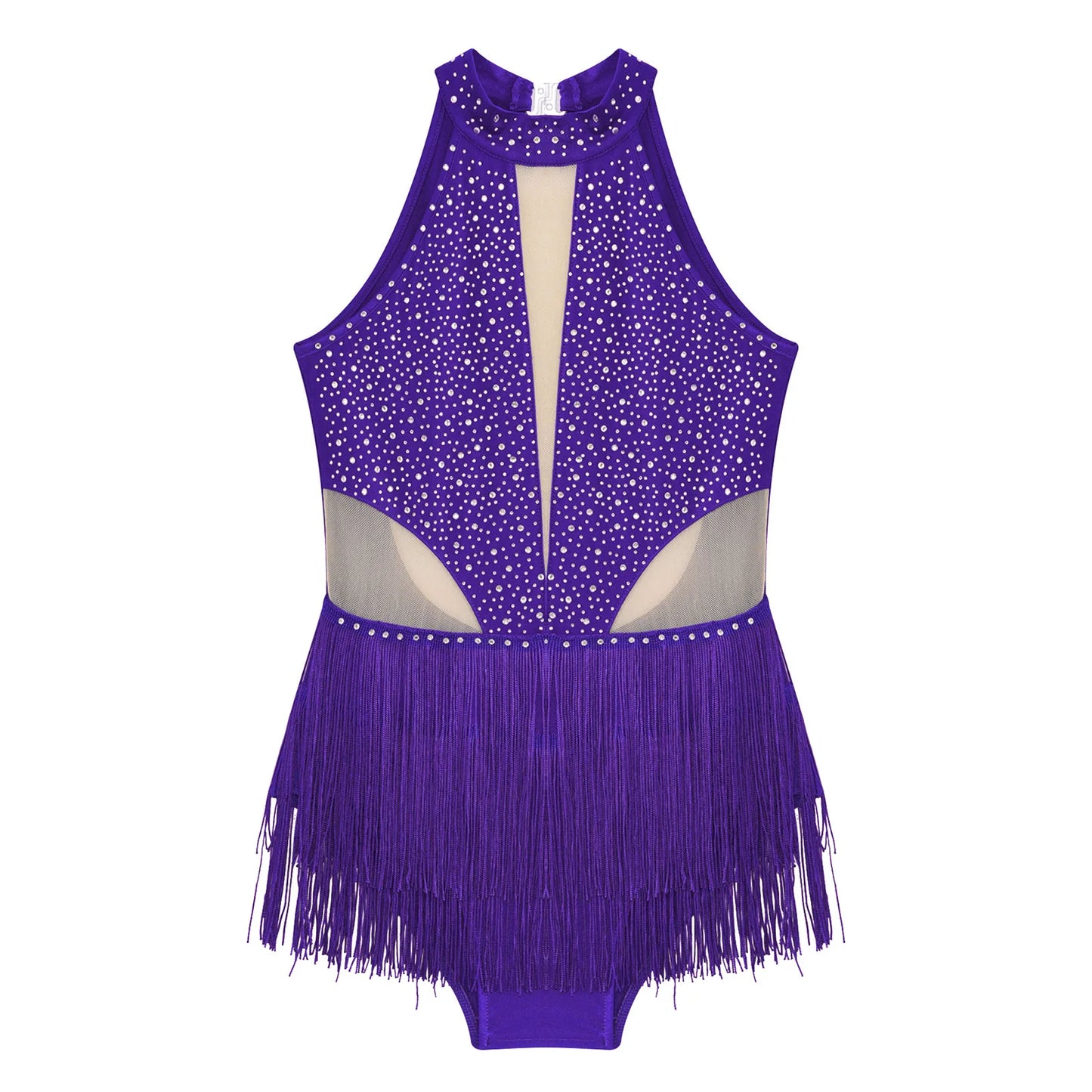Girls Dance Costume Sleeveless Rhinestone Tassel Leotard (Age 6-16 YRS)