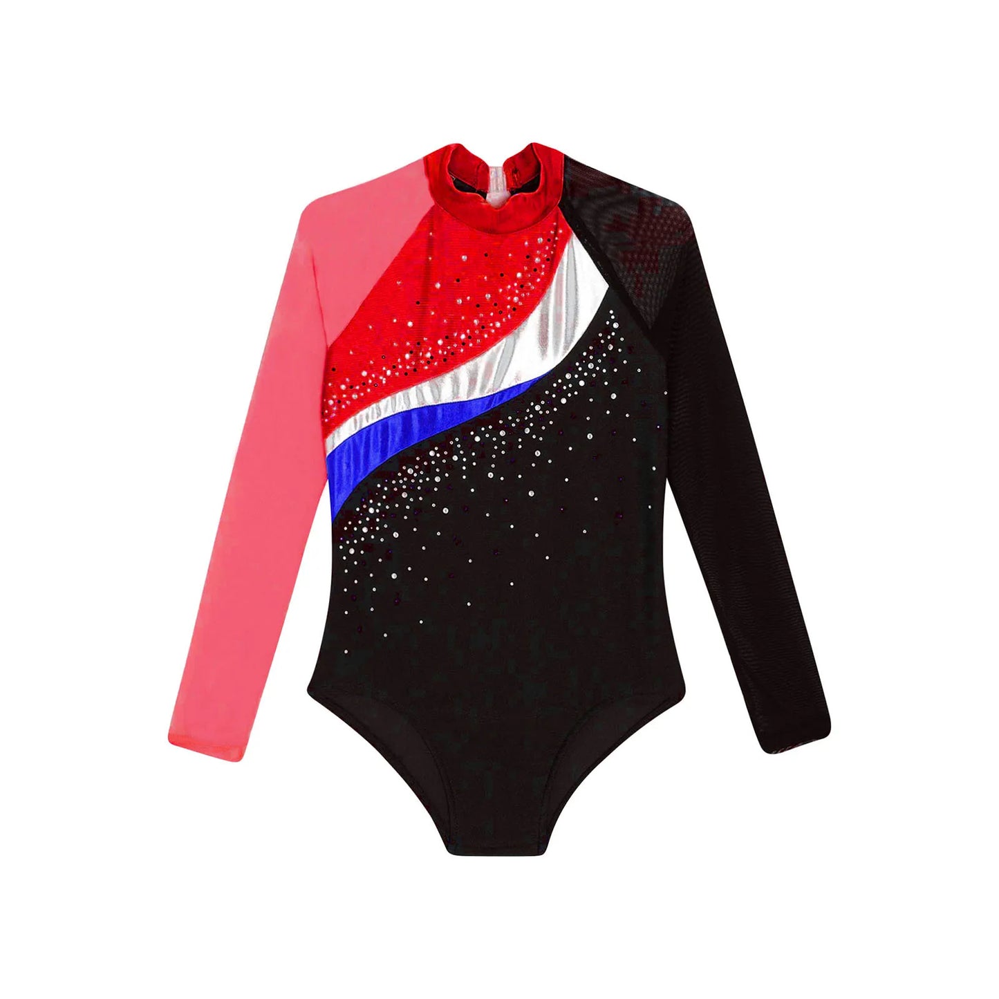 Girls Ballet Dance Leotard Gymnastics Rhinestones Sheer Mesh Long Sleeve (Age 4-16 YRS)