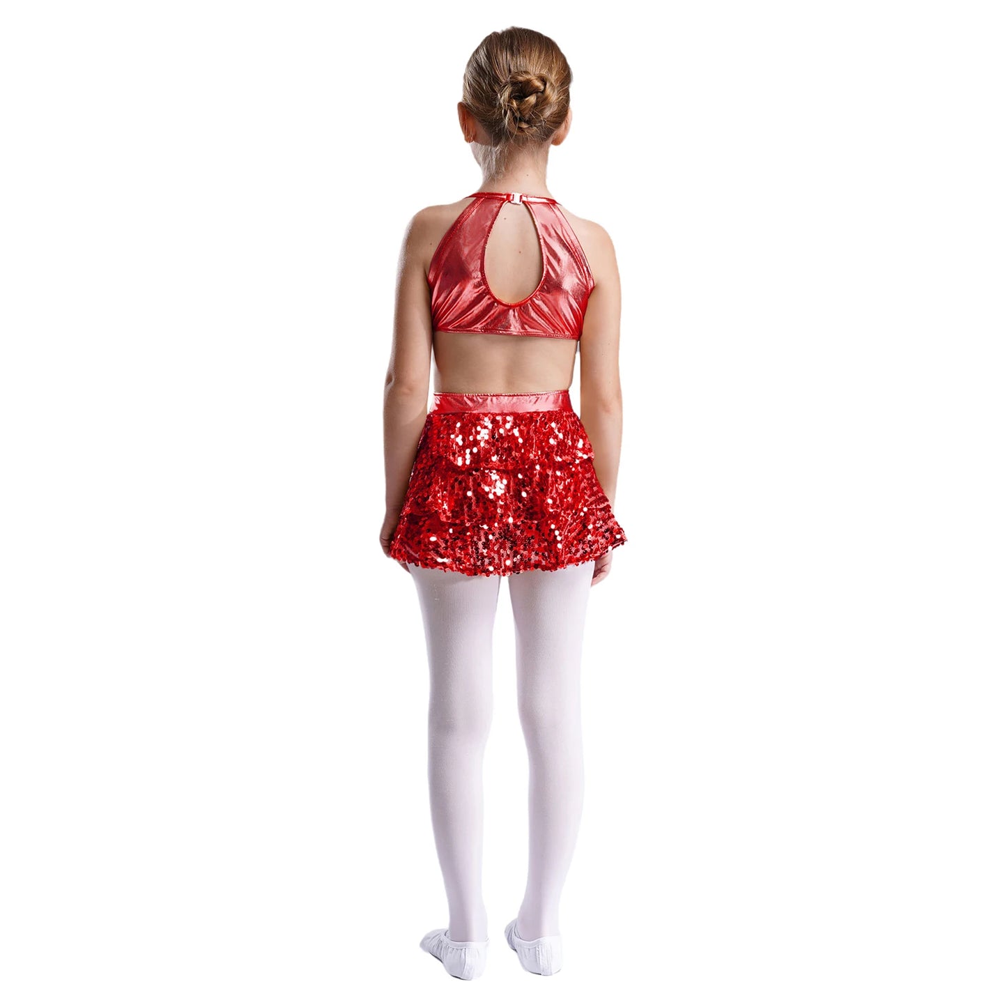 Girls Sequin Dance Sleeveless Cutout Tiered Ruffle Metallic Leotard Dress (Age 6-16 YRS)