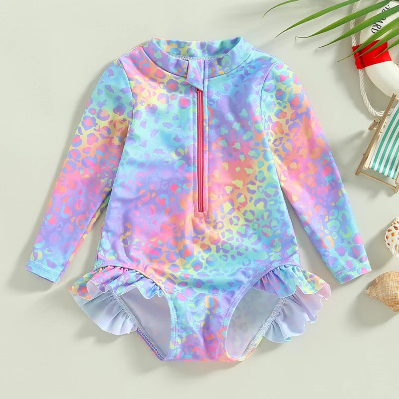 Baby Girls Fish Print Long Sleeve Swimsuit (Age 12M-6 YRS) Multicolor