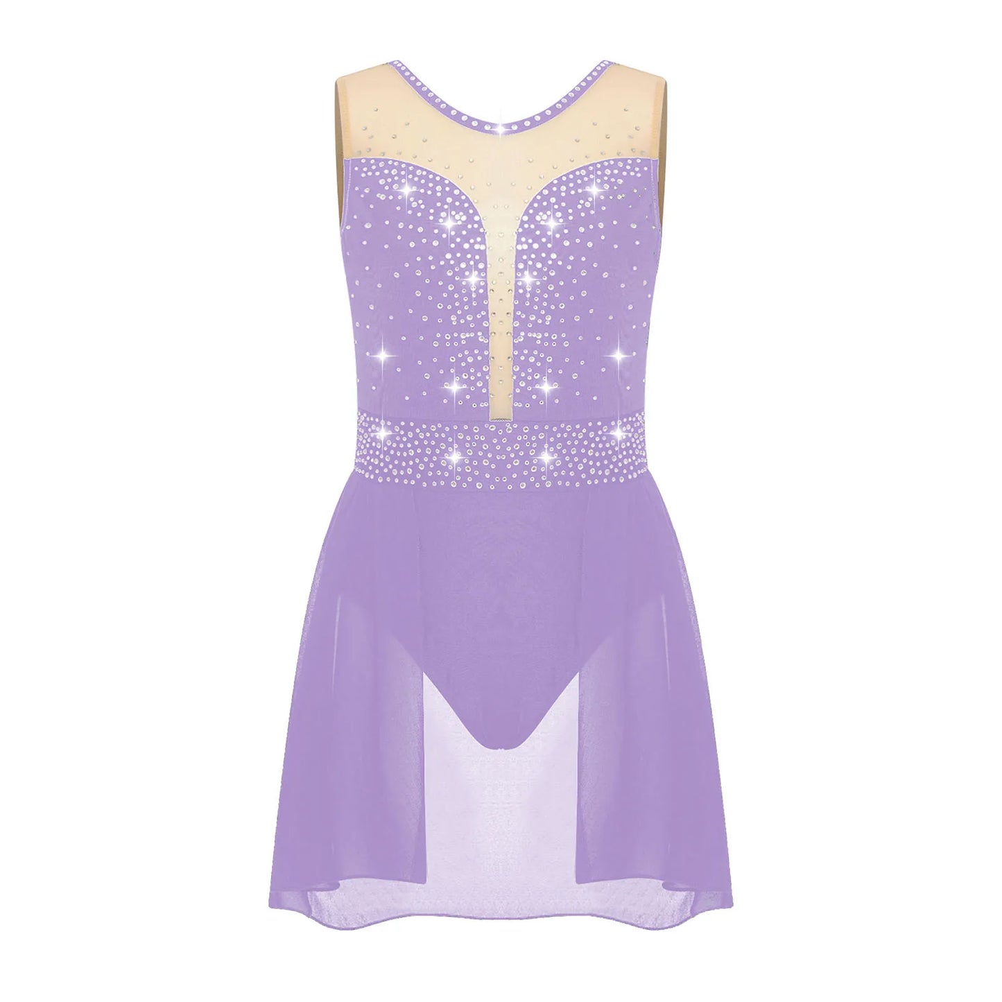 Rhinestone Gymnastics Figure Skating Dress for Teen Girls Sleeveless Sheer Mesh Tutu Ballet Leotard Lyrical Performance Costume
