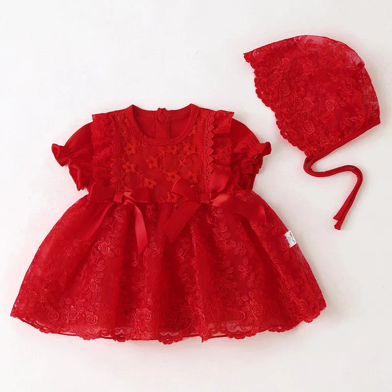 Baby Girls Short Sleeve Lace Dress & Bonnet (Age 3M-18M) Red