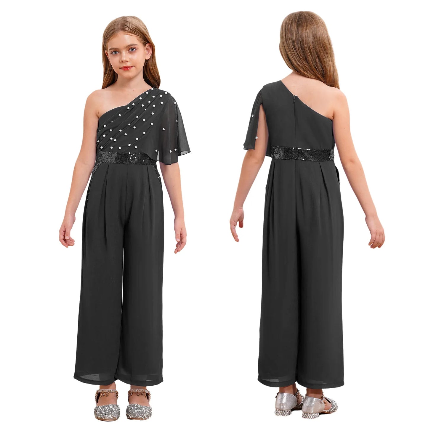Girls One Shoulder PearlSequin Ruffled Wide Leg Jumpsuit (Age 6-14YRS) Black