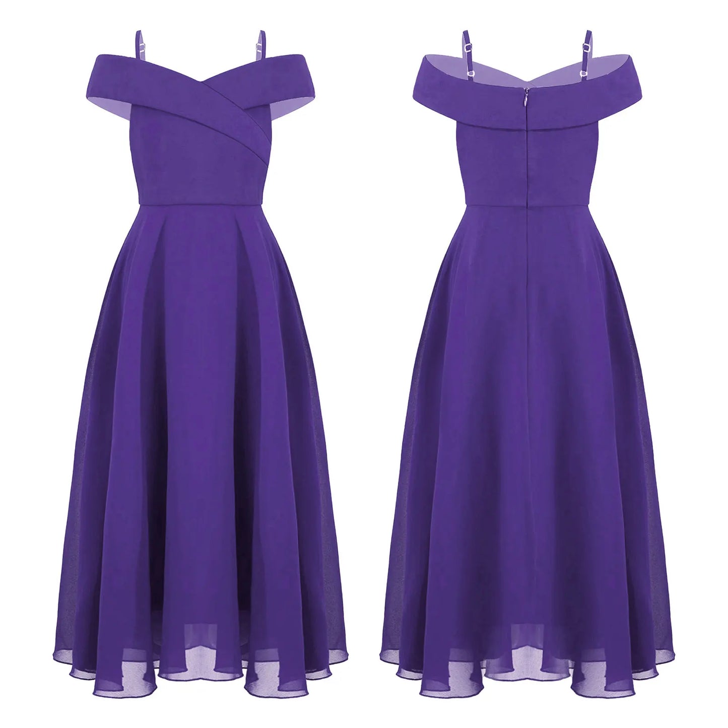 Girls Chiffon Off-the-Shoulder Adjustable A-Line Dress (Age 4-16 YRS) Purple