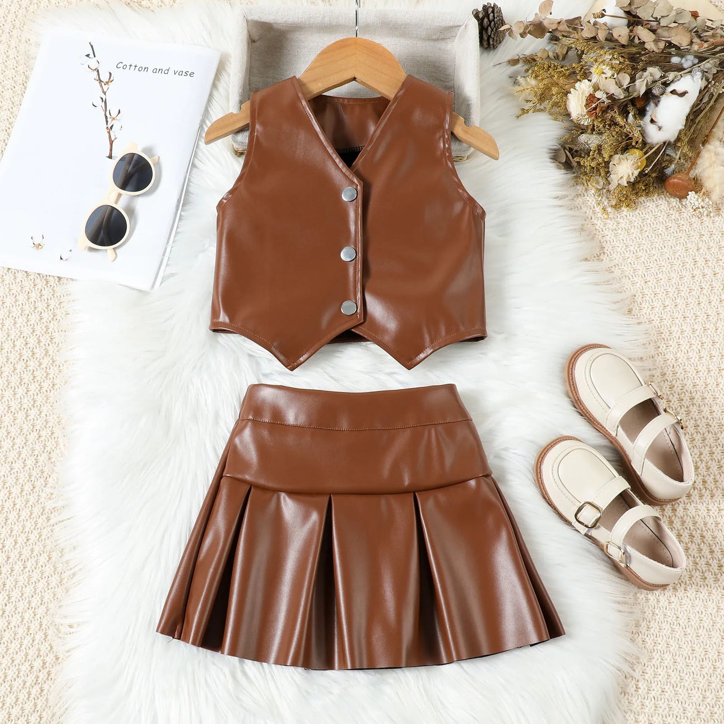 Toddler Girls Faux Leather Sleeveless Vest Top & Pleated Skirt Set (24M-6YRS)