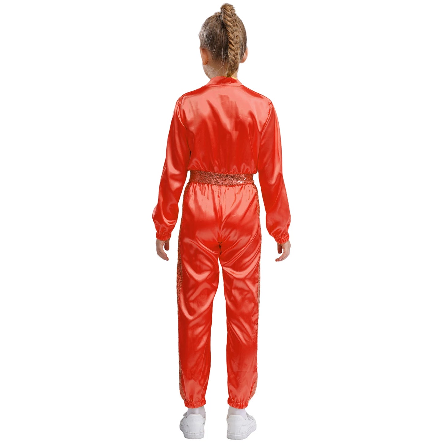Girls Sequin Satin m Long Sleeve Zipper Jumpsuit (Age 6-16 YRS)