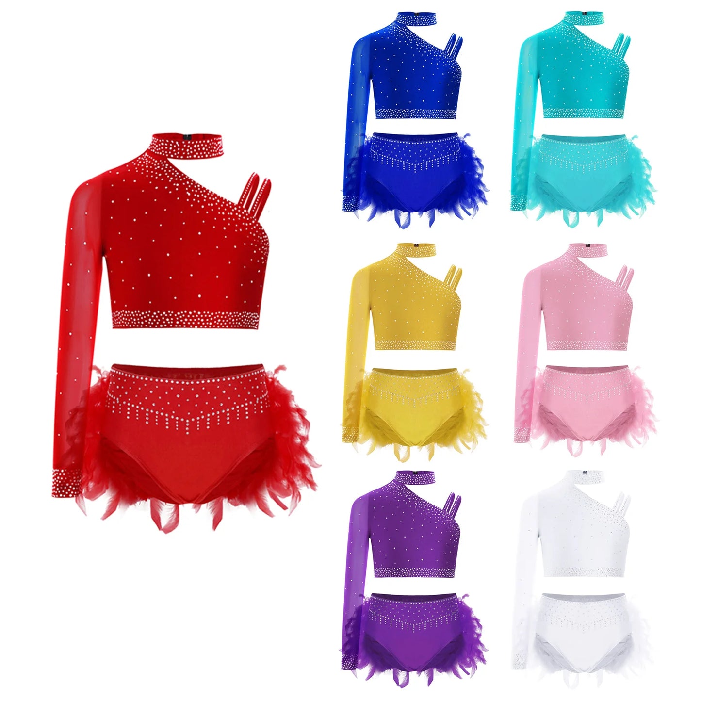 Girls Gymnastics Dance Performance Costume Rhinestone Crop Top With Feather Shorts Set (Age 6-16YRS)