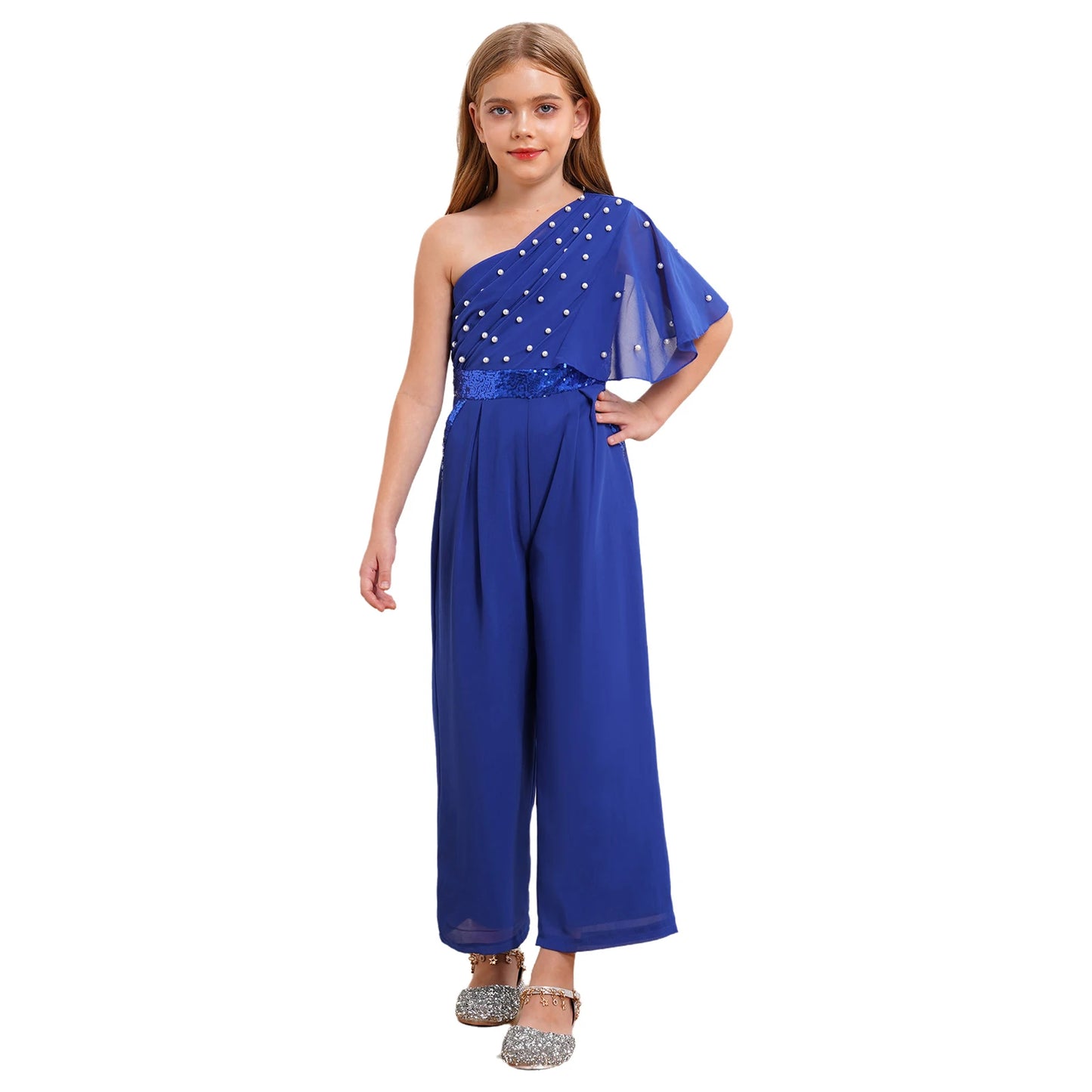 Girls One Shoulder PearlSequin Ruffled Wide Leg Jumpsuit (Age 6-14YRS)