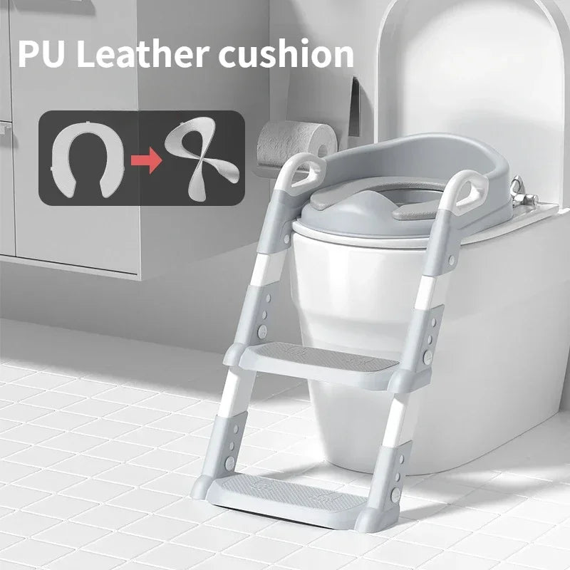Children's Toilet Seat Stairs Baby Boys and Girls Toilet Folding Stand Step Stool Gray and PU mat