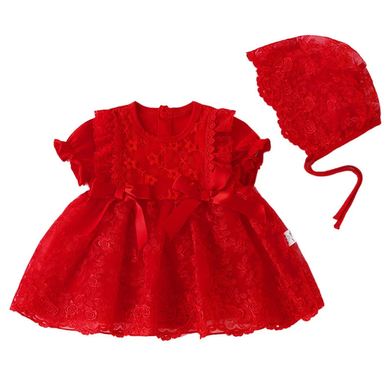 Baby Girls Short Sleeve Lace Dress & Bonnet (Age 3M-18M)
