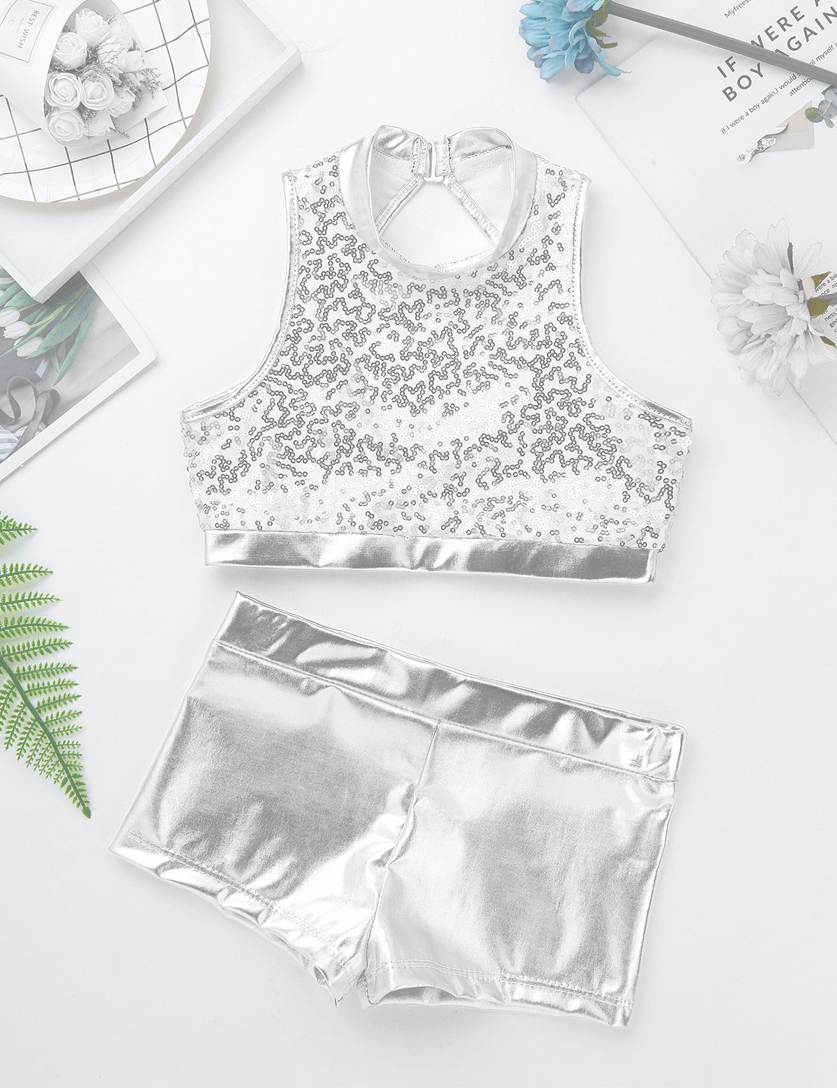 Girls Dance Costume Sequin Crop Top & Shorts Set (Age 6-12 YRS)