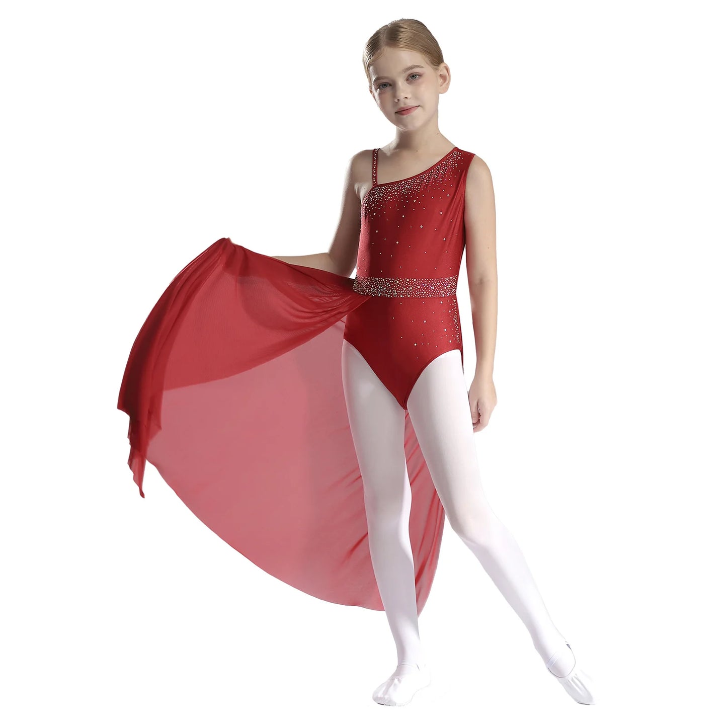 Girls Dance Costume Ballet Rhinestones Sleeveless Sheer Mesh Leotard Dress (Age 6-16 YRS)