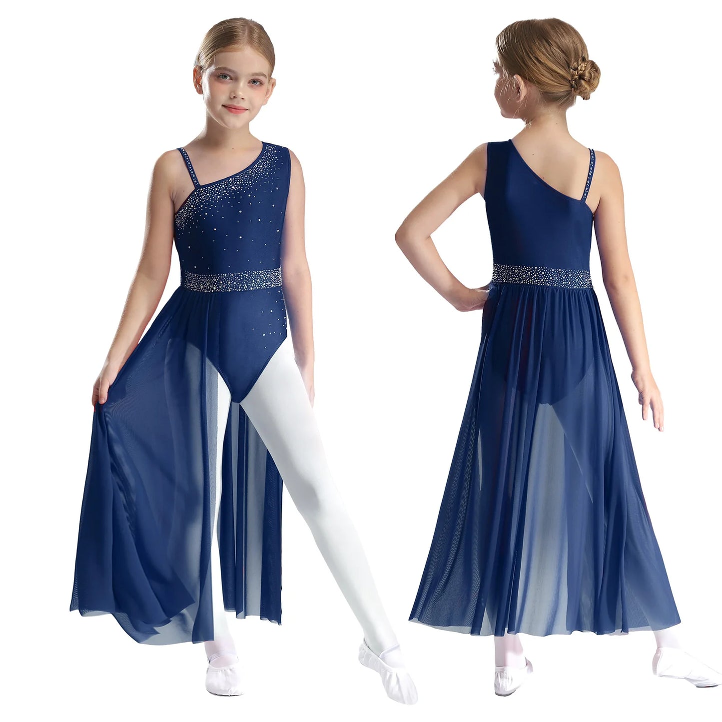 Girls Dance Costume Ballet Rhinestones Sleeveless Sheer Mesh Leotard Dress (Age 6-16 YRS) Navy Blue