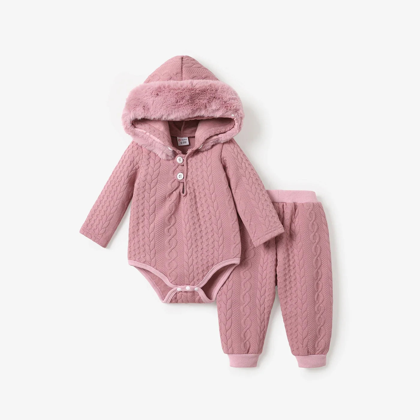 Baby Boy/Girl Knitted Faux Fur Hooded Long-sleeve Romper and Trousers Set (Age Newborn-18M) Pink