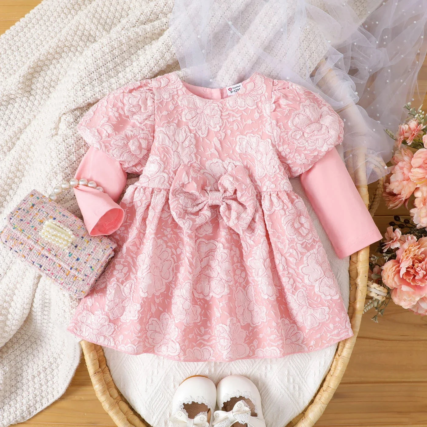 Baby Girls Floral Bow Puff-Sleeve Dress (Age 3M-24M) Pink