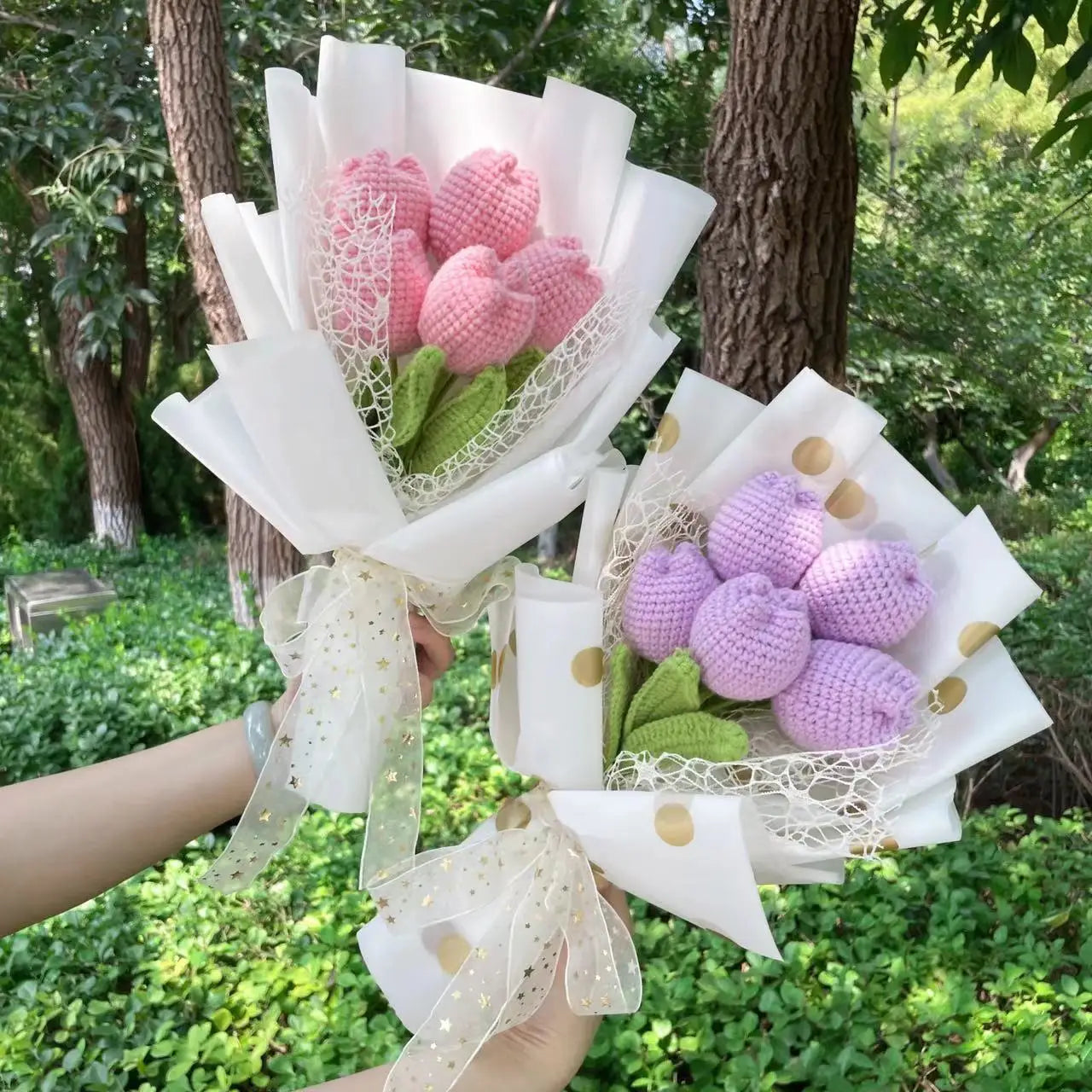 Plush Rose Sunflowers Tulip Carnations Knitted Crochet Flower Bouquet