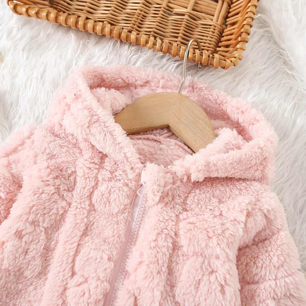Baby Girl Pink Fleece Heart Pattern Hooded Jacket (Age 6M-3 YRS)