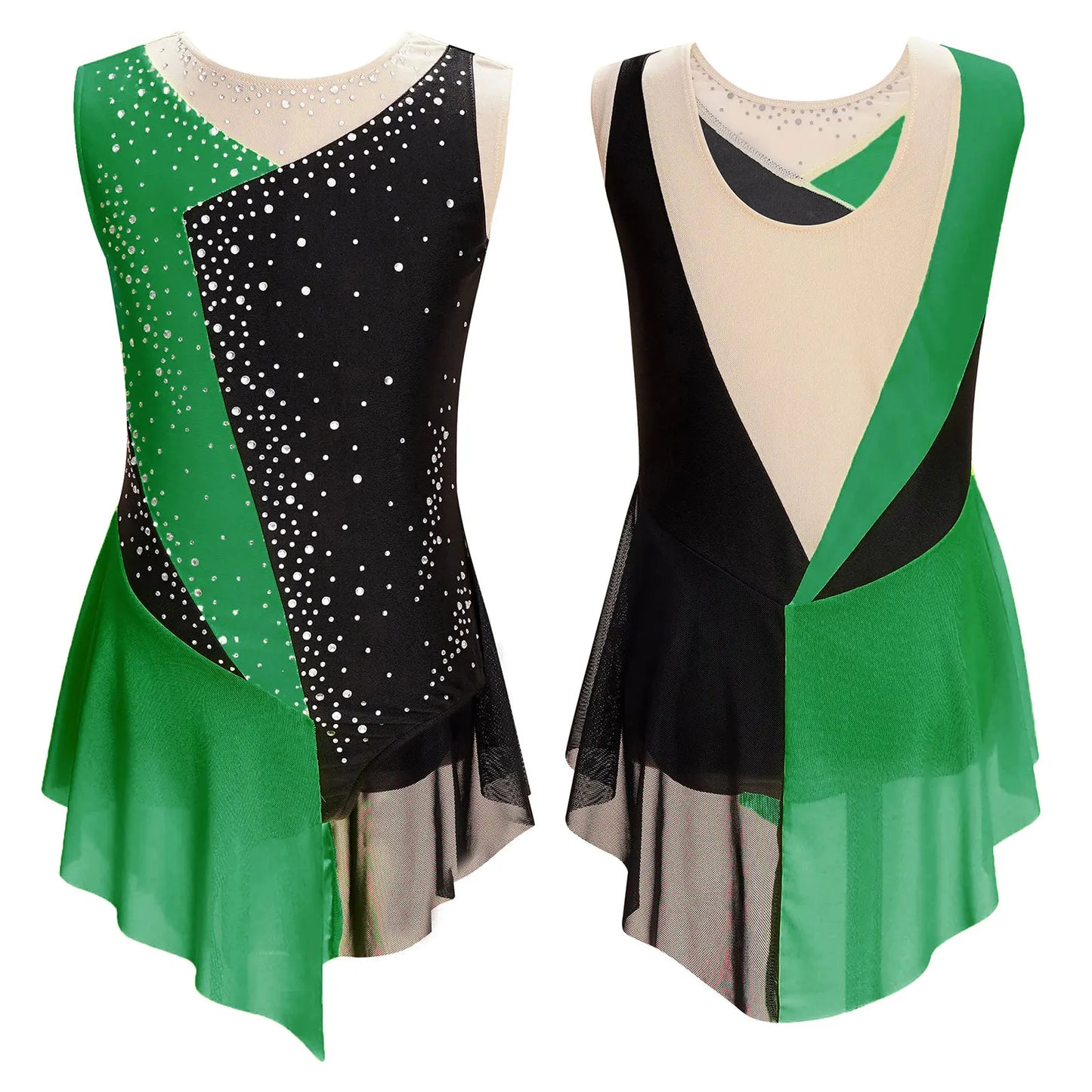 Rhinestone Gymnastics Figure Skating Dress for Teen Girls Sleeveless Sheer Mesh Tutu Ballet Leotard Lyrical Performance Costume Green A