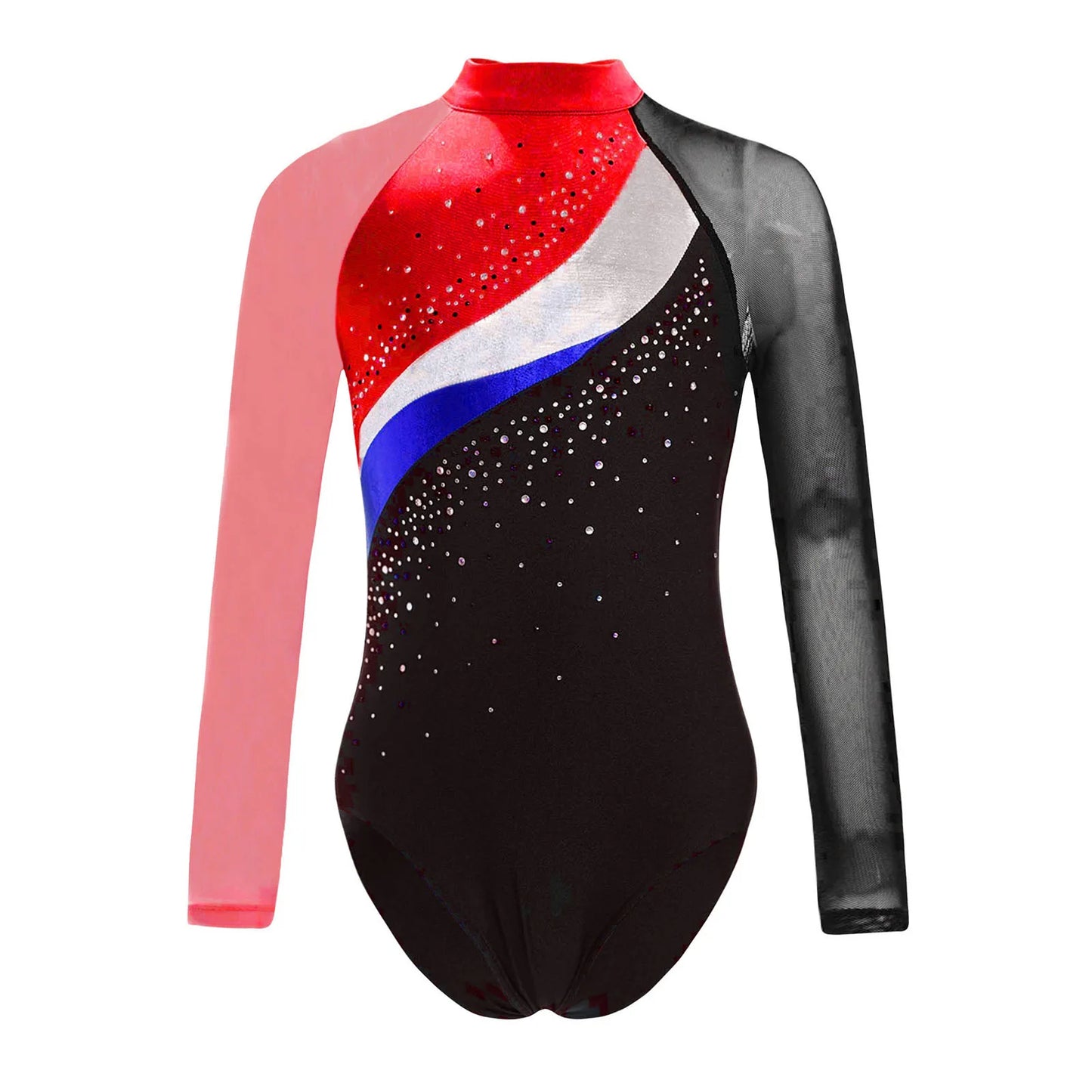 Girls Ballet Dance Leotard Gymnastics Rhinestones Sheer Mesh Long Sleeve (Age 4-16 YRS)