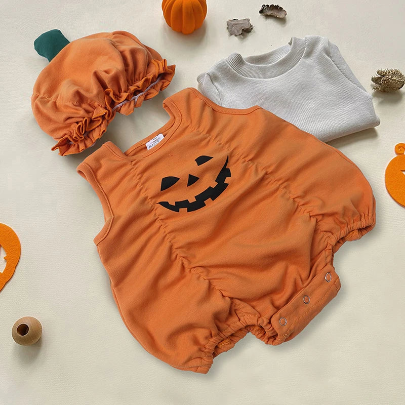 Toddler Girls Halloween Pumpkin Outfit – 3PC Romper, Dress & Headband Set | Ages 6M–3Y