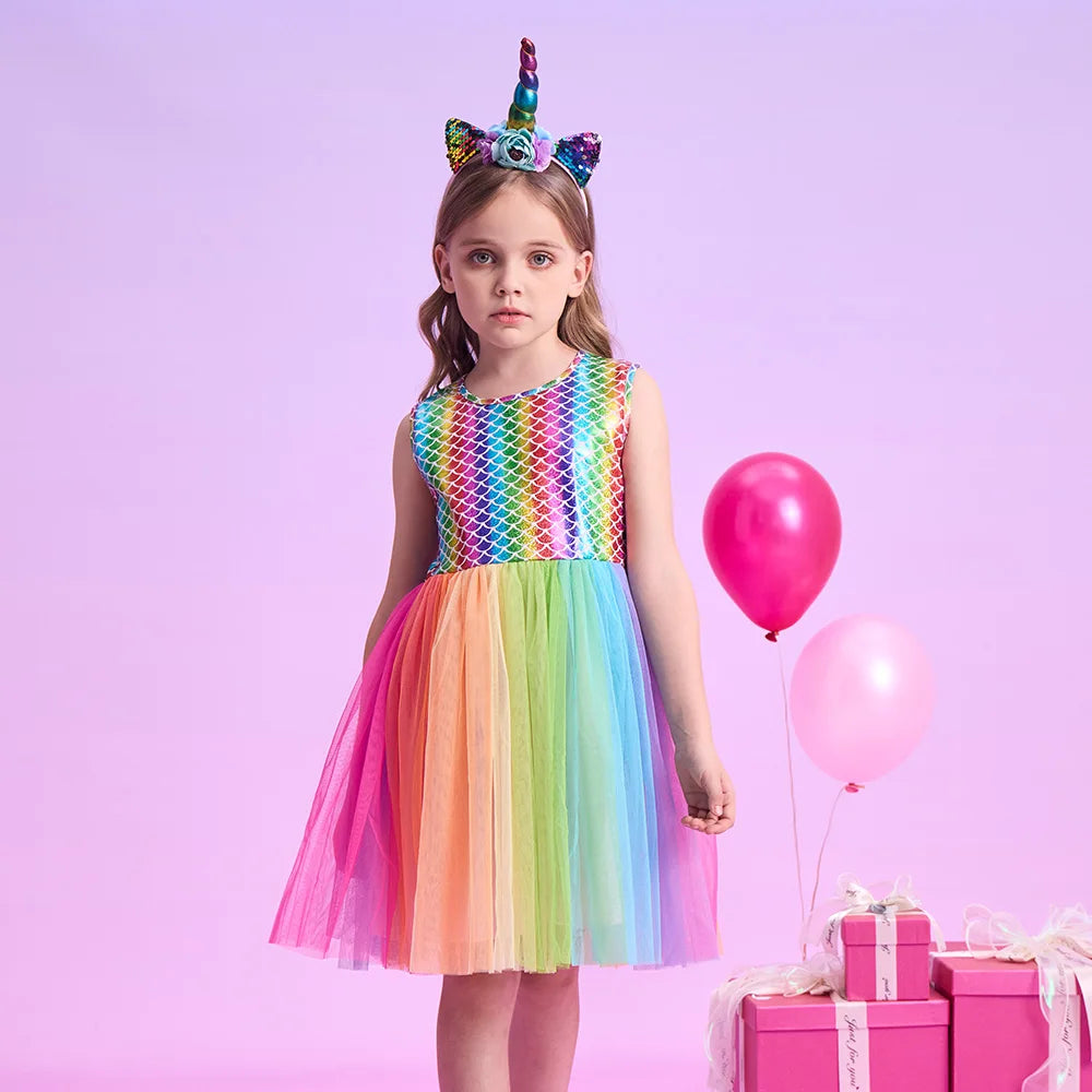 Girls Rainbow Tulle Party Dress (Age 5-8 YRS)