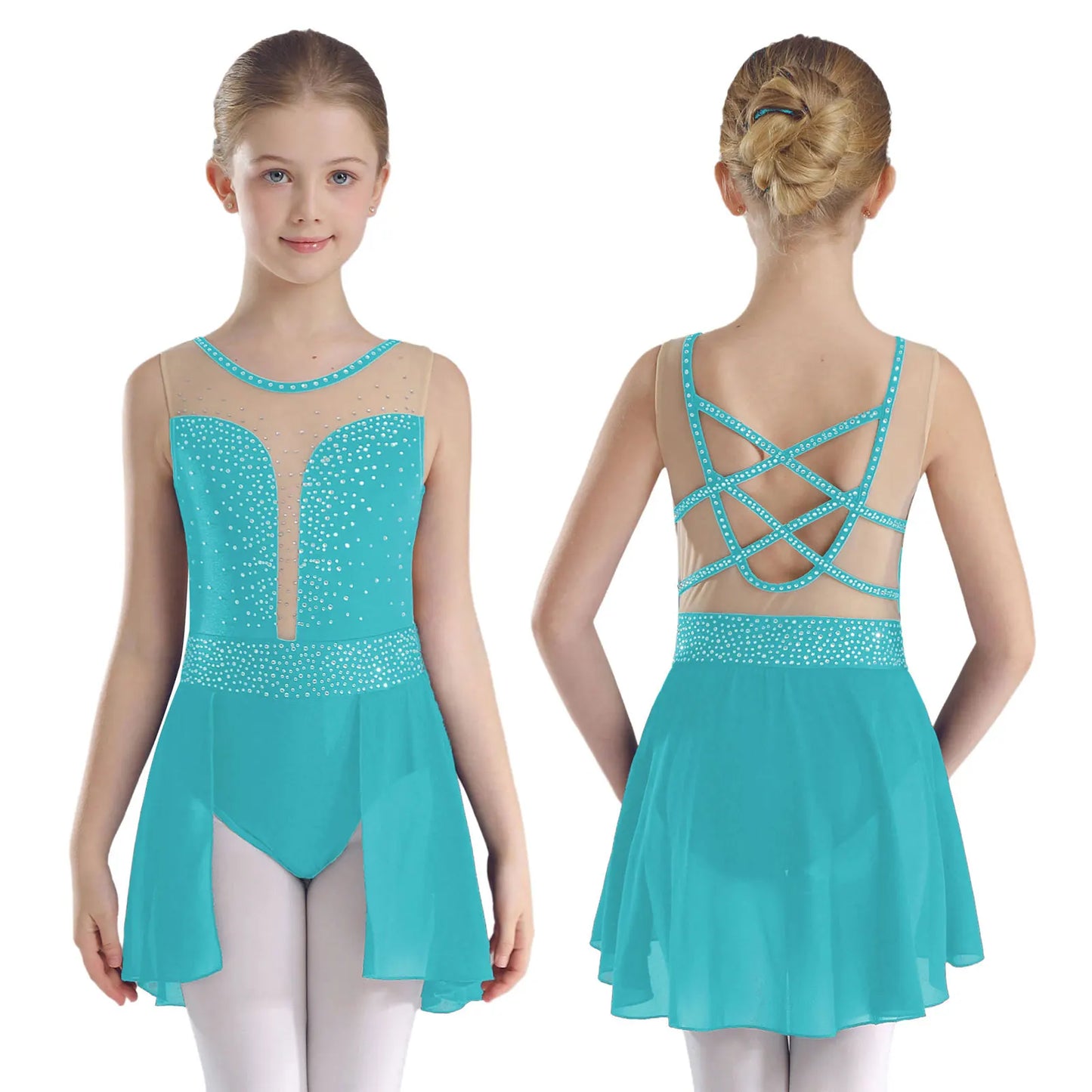 Rhinestone Gymnastics Figure Skating Dress for Teen Girls Sleeveless Sheer Mesh Tutu Ballet Leotard Lyrical Performance Costume Blue Green A