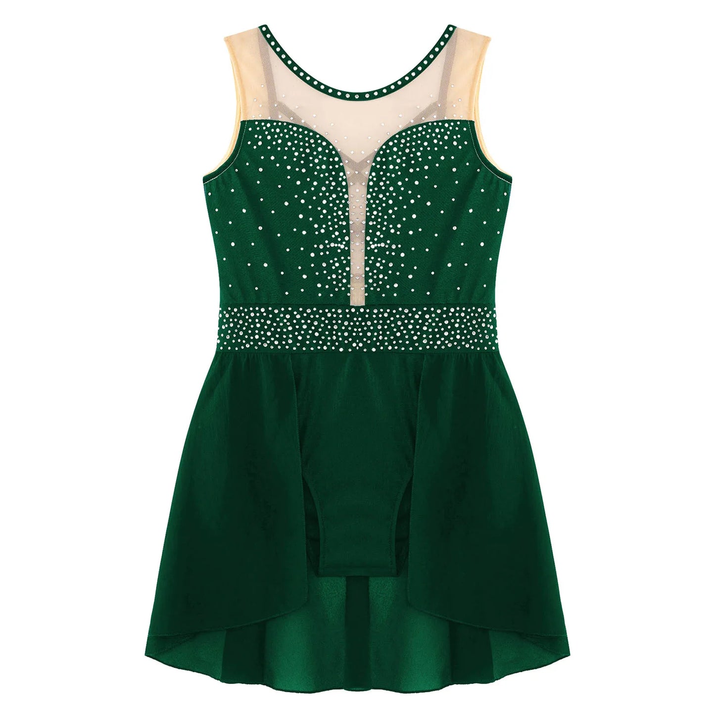Rhinestone Gymnastics Figure Skating Dress for Teen Girls Sleeveless Sheer Mesh Tutu Ballet Leotard Lyrical Performance Costume