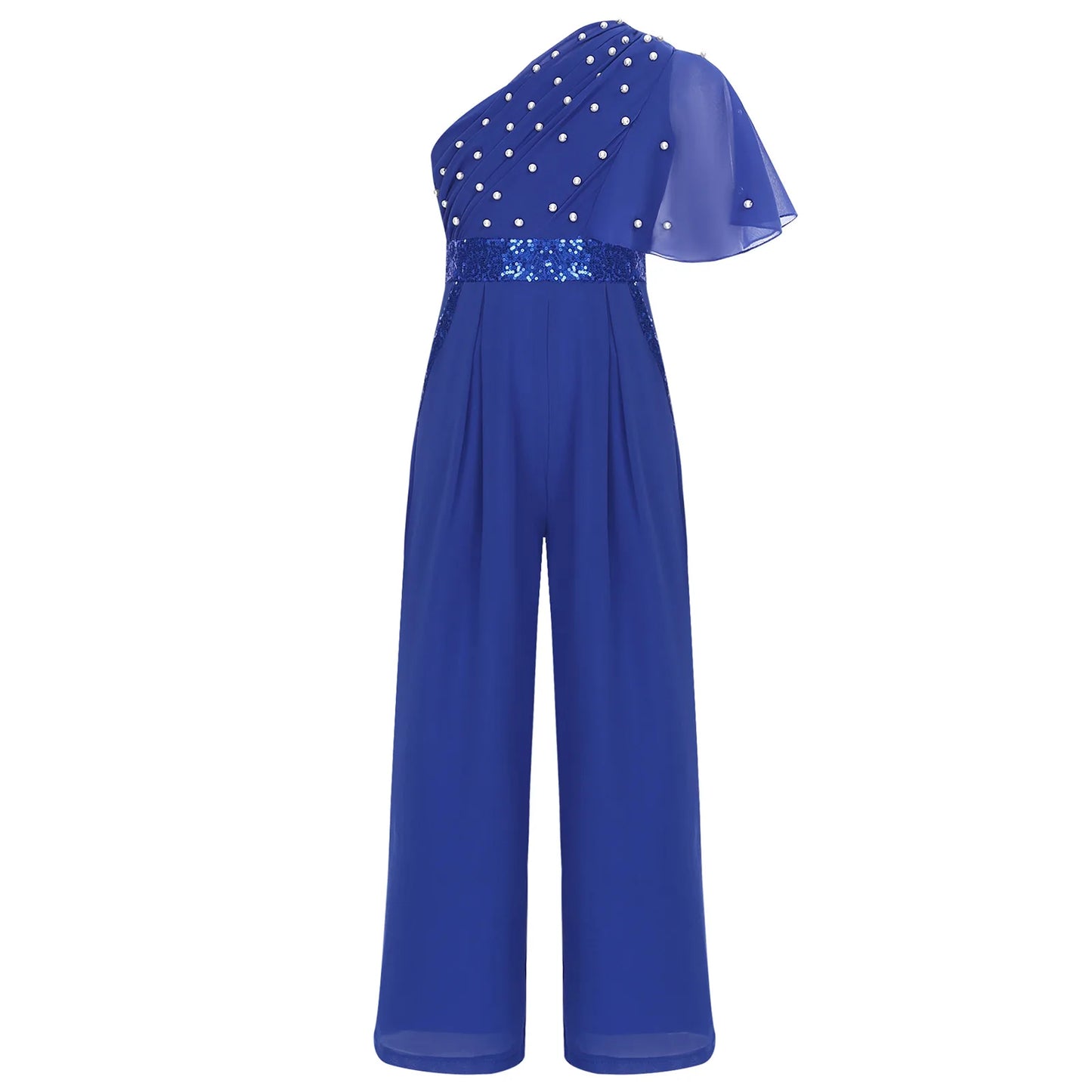 Girls One Shoulder PearlSequin Ruffled Wide Leg Jumpsuit (Age 6-14YRS)