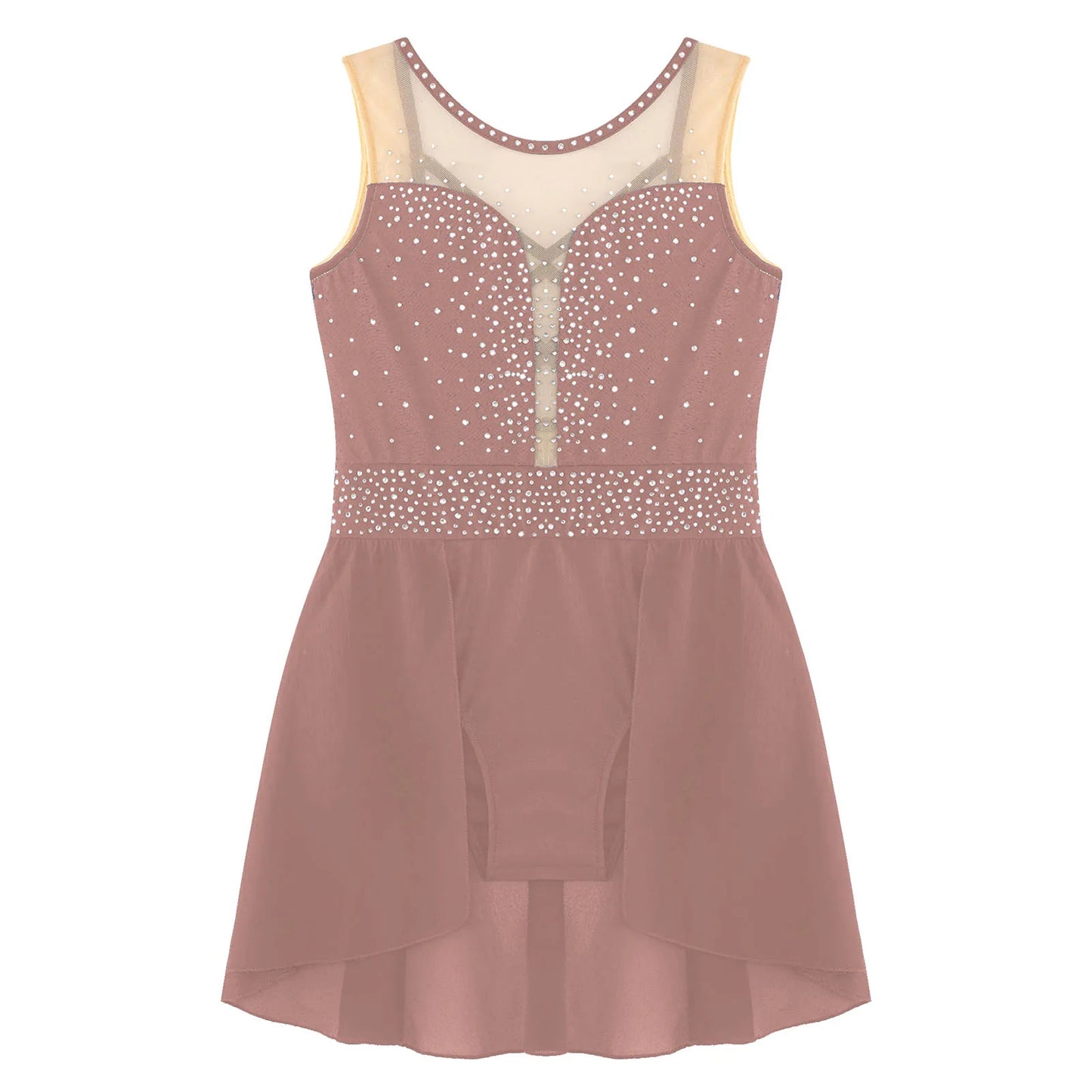 Rhinestone Gymnastics Figure Skating Dress for Teen Girls Sleeveless Sheer Mesh Tutu Ballet Leotard Lyrical Performance Costume