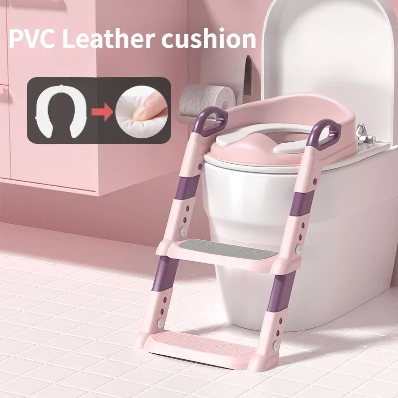 Children's Toilet Seat Stairs Baby Boys and Girls Toilet Folding Stand Step Stool Pink and PVC mat