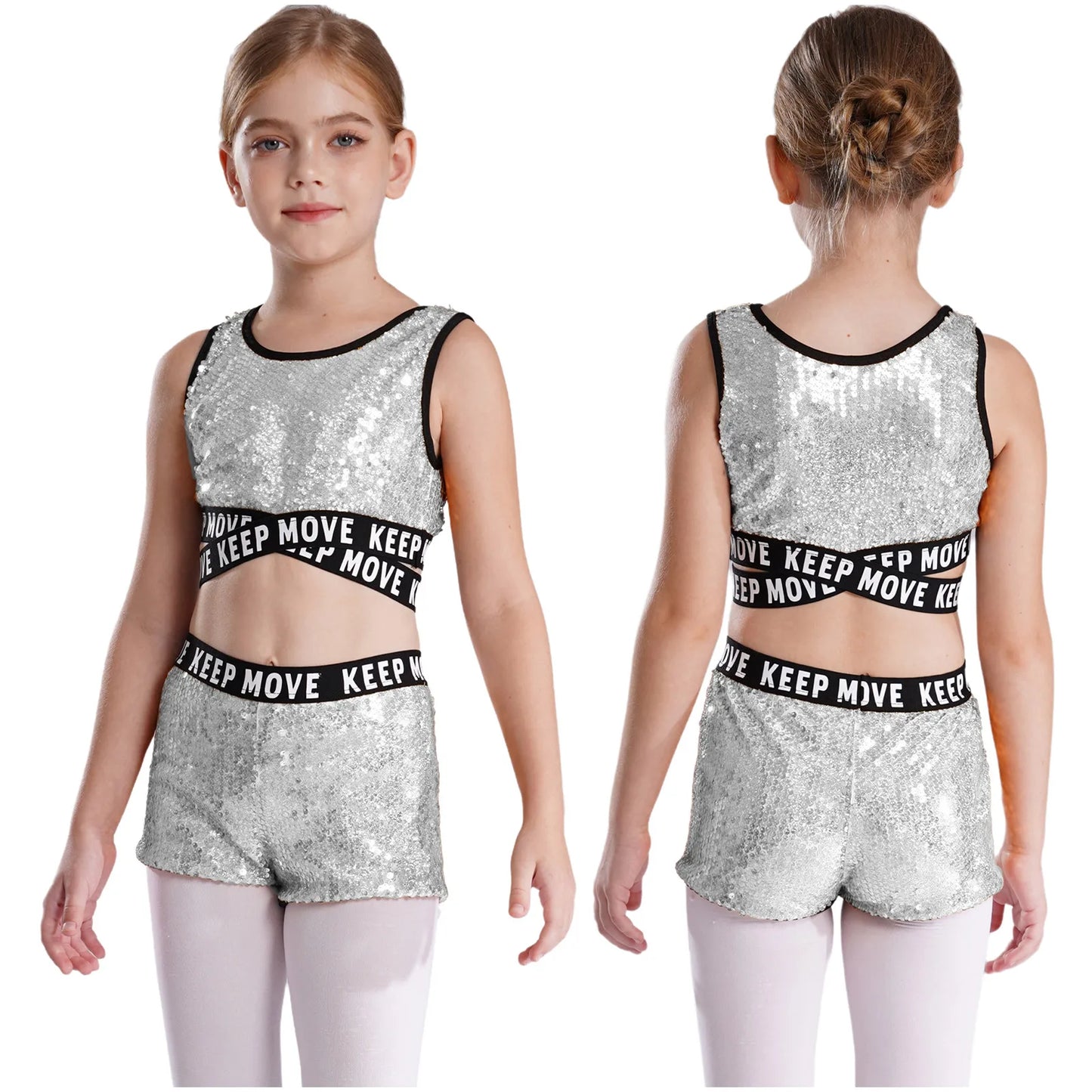 Girls Sequin Dance Top & Shorts Set (Age 4-16YRS) Silver