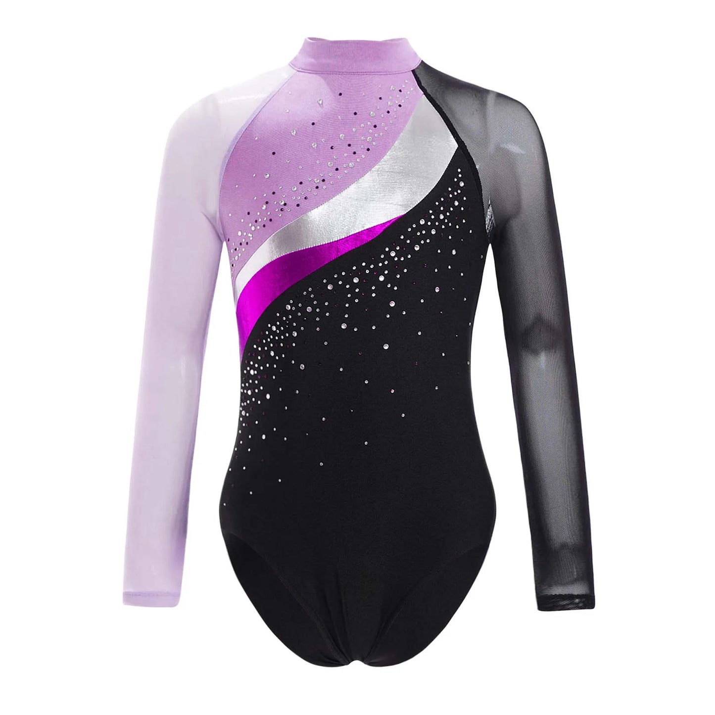 Girls Ballet Dance Leotard Gymnastics Rhinestones Sheer Mesh Long Sleeve (Age 4-16 YRS)