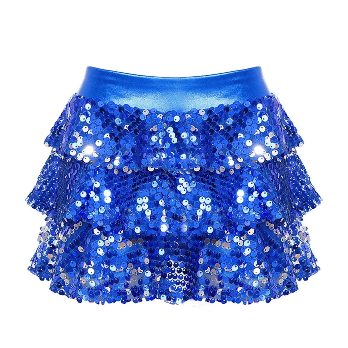 Girls Tiered Ruffle Dance Metallic Shiny Shorts (Age 4-16 YEARS) Royal Blue