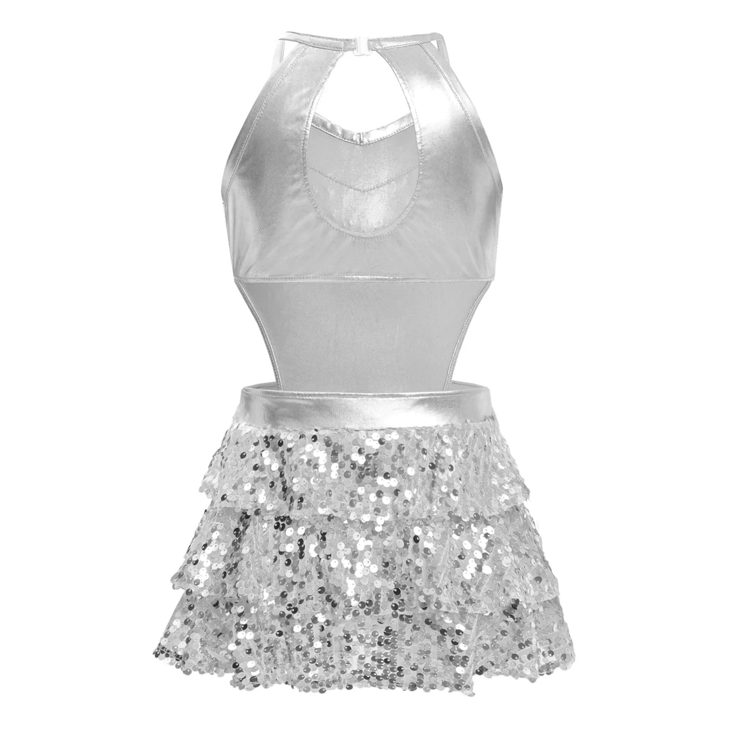 Girls Sequin Dance Sleeveless Cutout Tiered Ruffle Metallic Leotard Dress (Age 6-16 YRS)