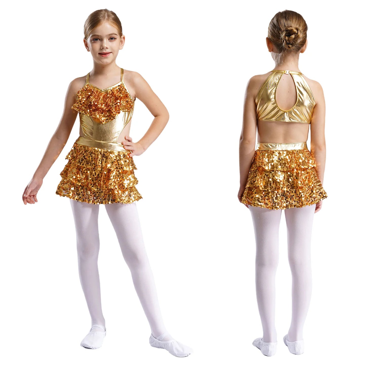 Girls Sequin Dance Sleeveless Cutout Tiered Ruffle Metallic Leotard Dress (Age 6-16 YRS) Gold