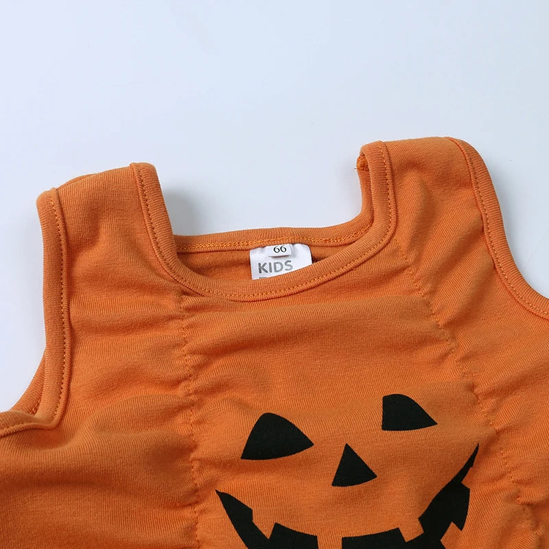 Toddler Girls Halloween Pumpkin Outfit – 3PC Romper, Dress & Headband Set | Ages 6M–3Y