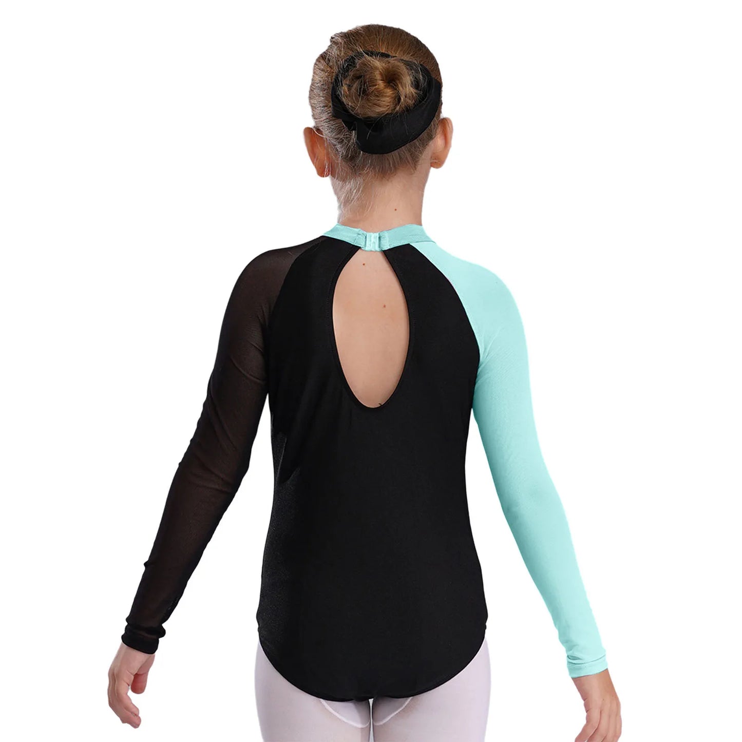 Girls Ballet Dance Leotard Gymnastics Rhinestones Sheer Mesh Long Sleeve (Age 4-16 YRS)