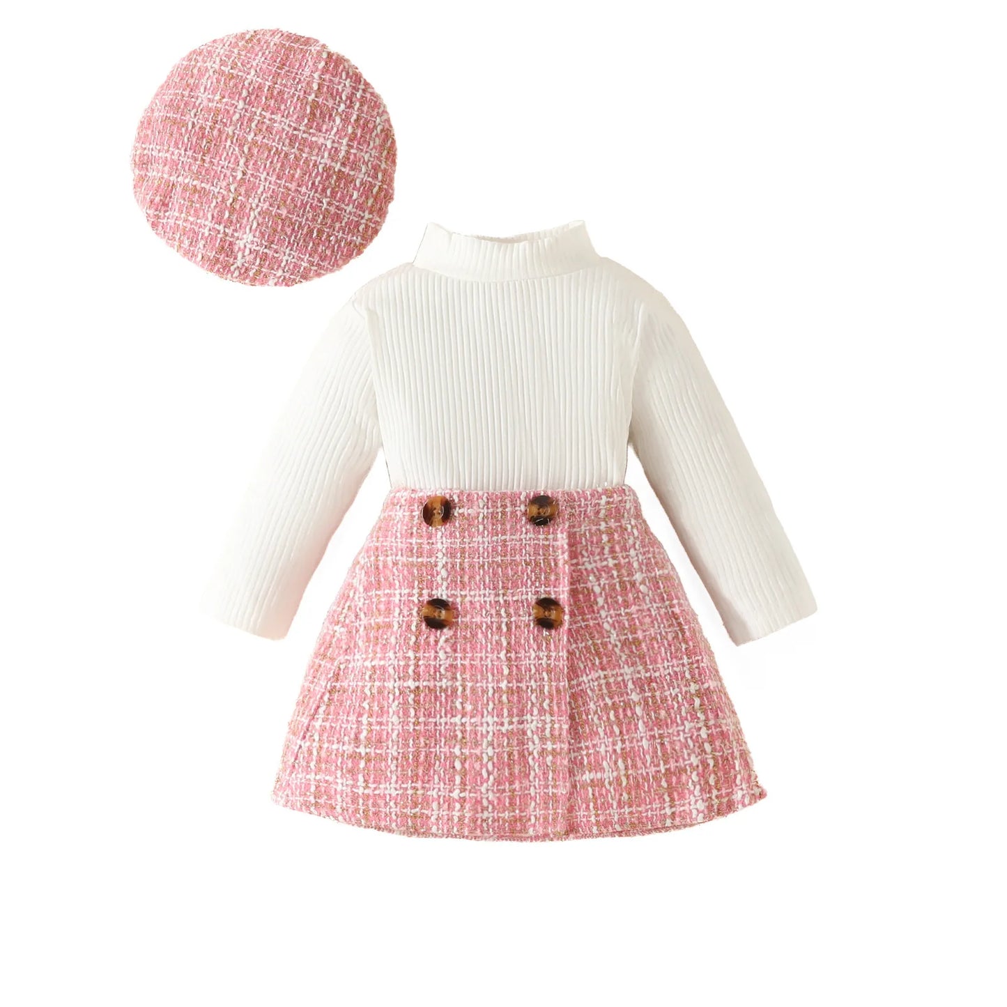 Baby/Toddler Girls Top & Houndtooth Skirt & Matching Beret Set (Age 6M-3YRS) Pink