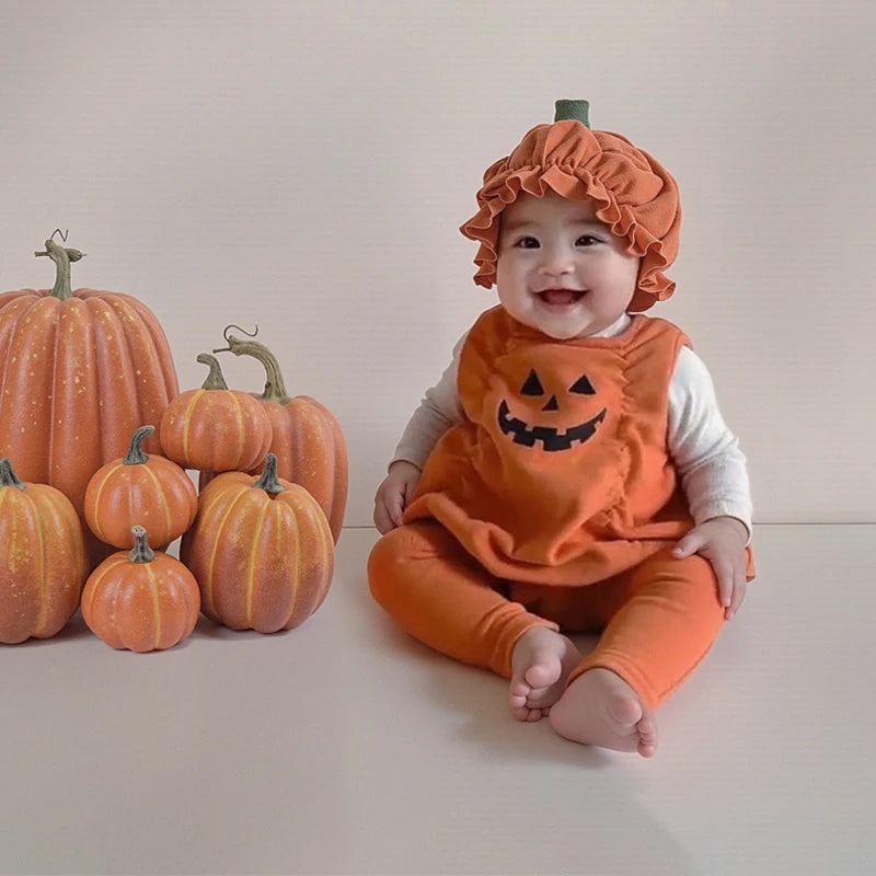 Toddler Girls Halloween Pumpkin Outfit – 3PC Romper, Dress & Headband Set | Ages 6M–3Y