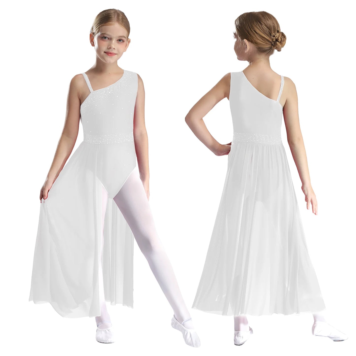 Girls Dance Costume Ballet Rhinestones Sleeveless Sheer Mesh Leotard Dress (Age 6-16 YRS) White