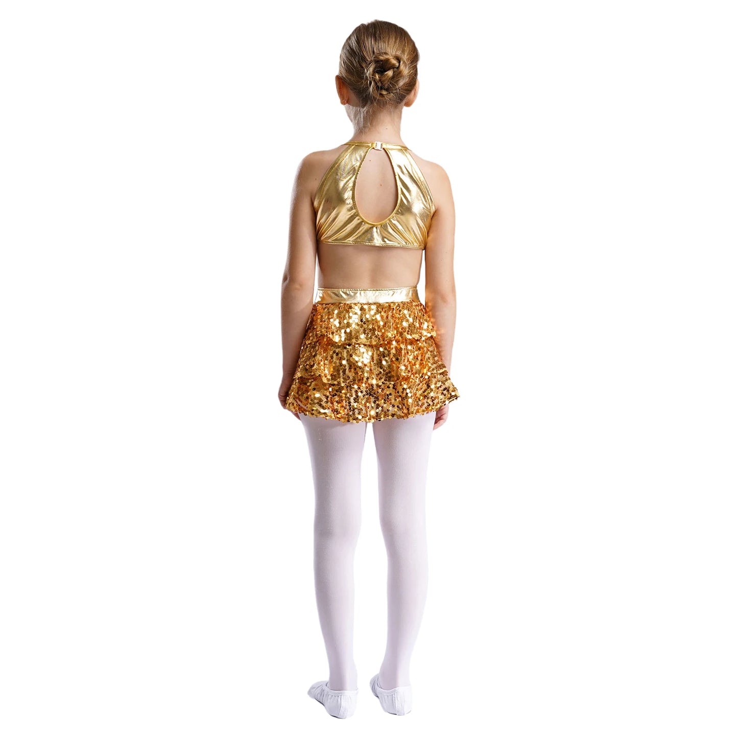 Girls Sequin Dance Sleeveless Cutout Tiered Ruffle Metallic Leotard Dress (Age 6-16 YRS)