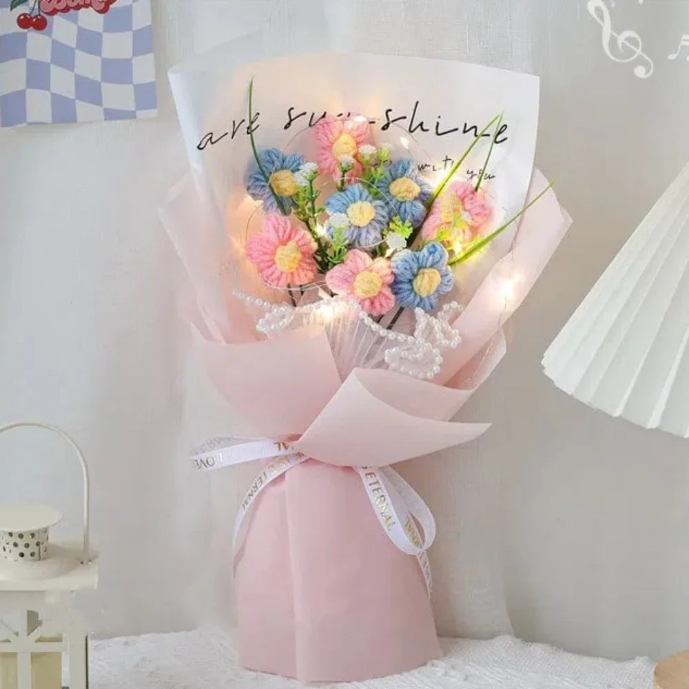 Hand Knitted Crochet Gift Flowers Bouquet With LED Lights