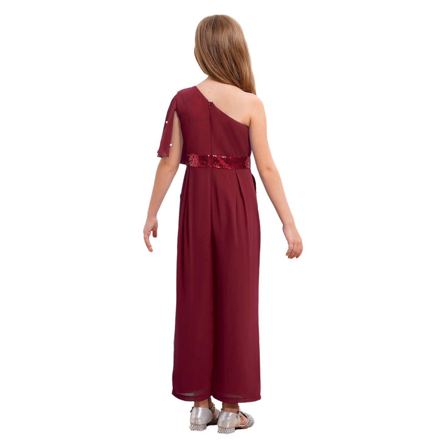 Girls One Shoulder PearlSequin Ruffled Wide Leg Jumpsuit (Age 6-14YRS)