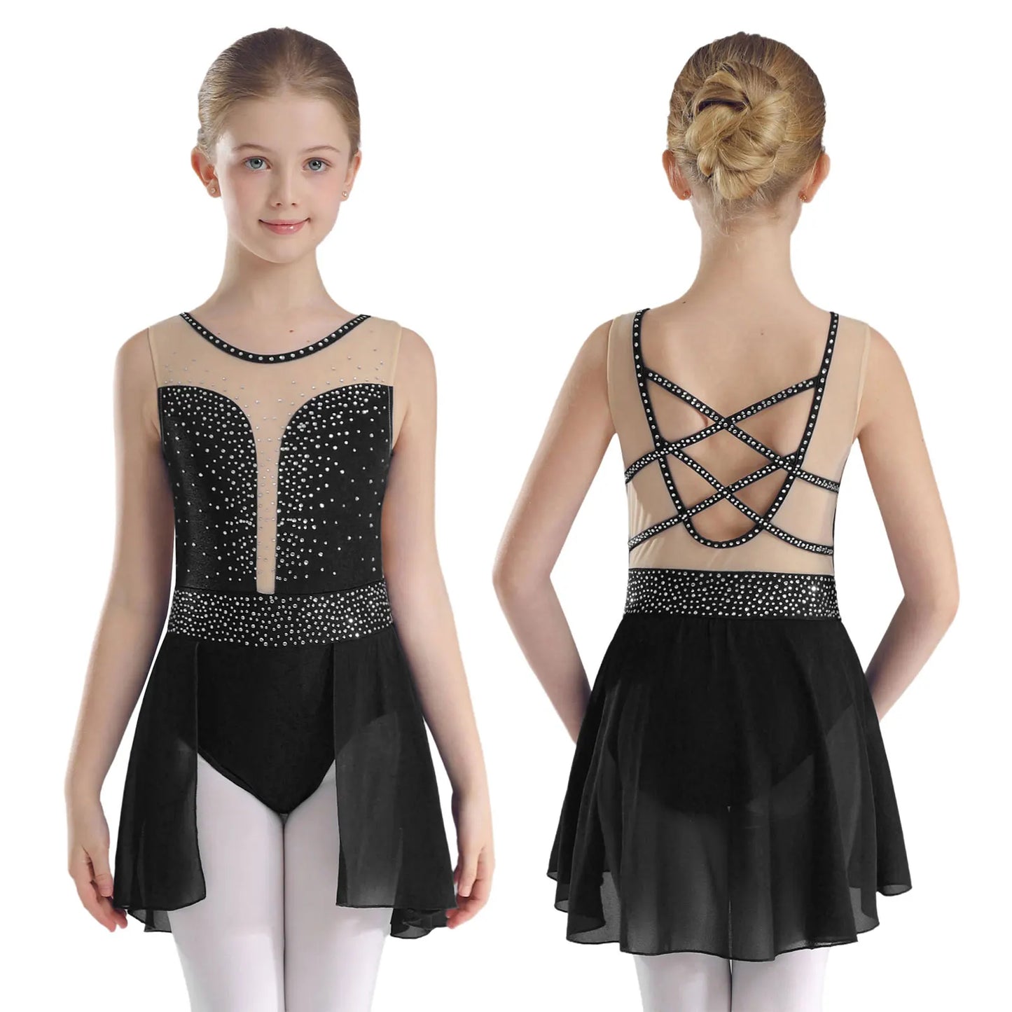 Rhinestone Gymnastics Figure Skating Dress for Teen Girls Sleeveless Sheer Mesh Tutu Ballet Leotard Lyrical Performance Costume Black