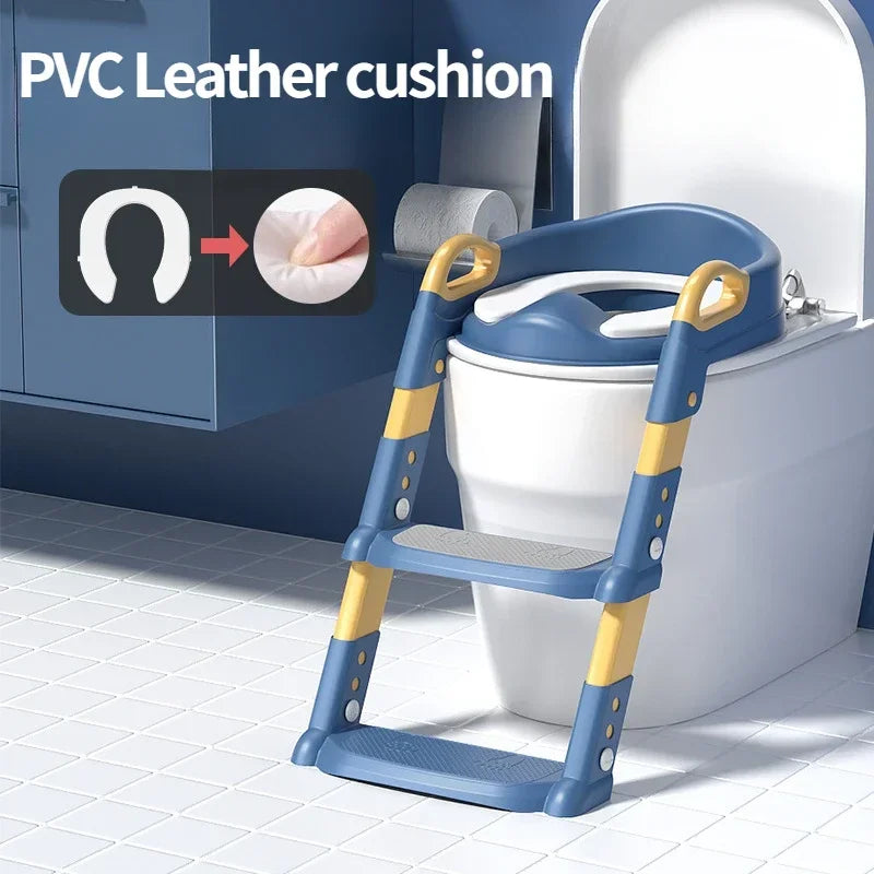 Children's Toilet Seat Stairs Baby Boys and Girls Toilet Folding Stand Step Stool Blue and PVC mat